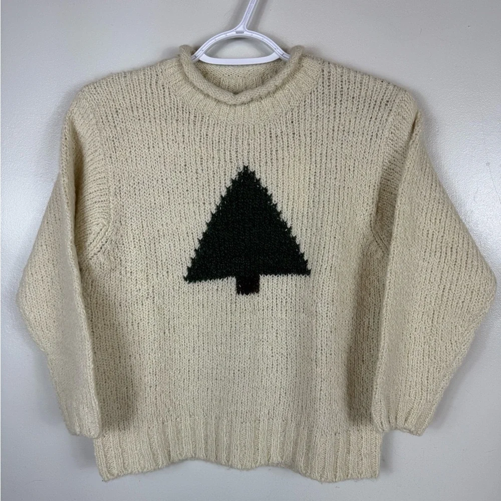 Gap Girls Sweater Wool Blend‎ Cream Green Crewneck Christmas Holiday Small NWT